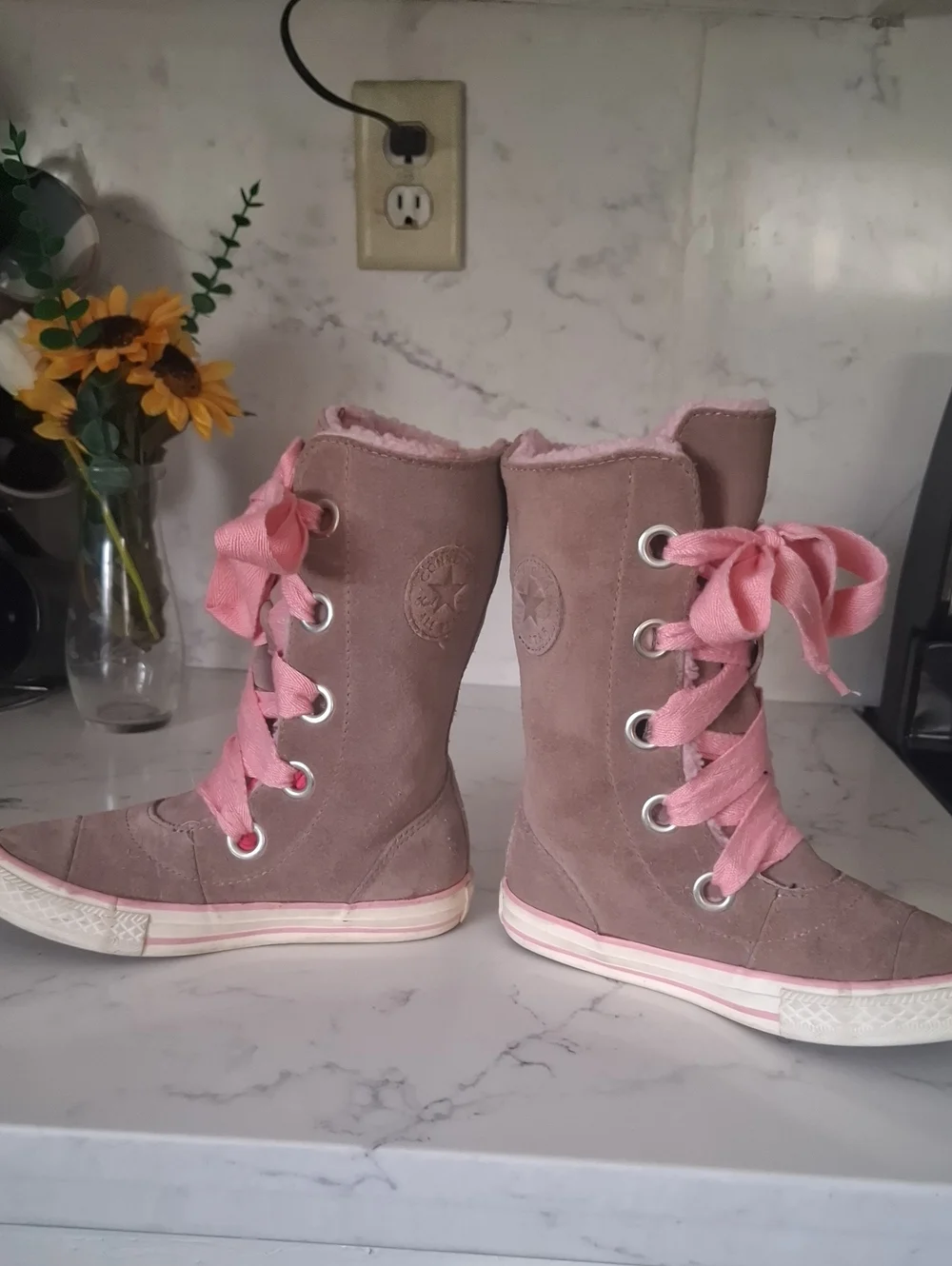 Converse Kids Pink Suede High-Top Boots with Wide Laces